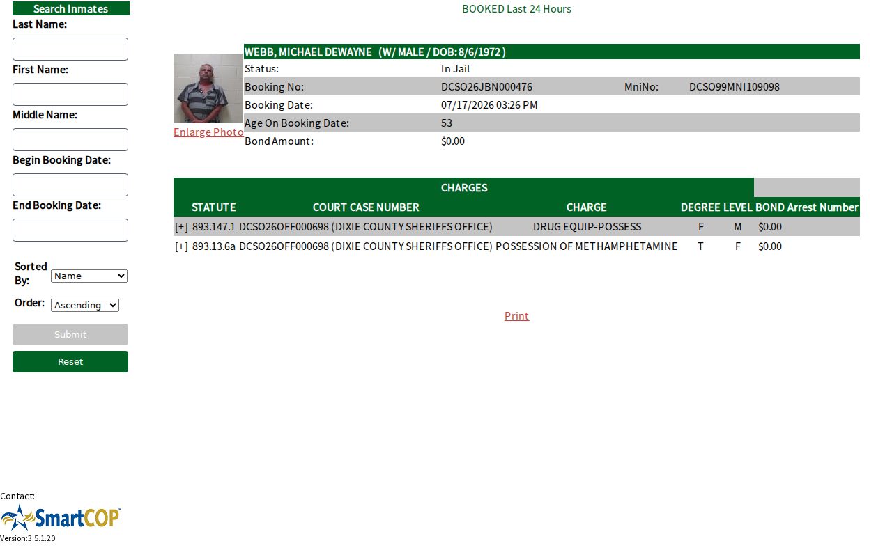 Dixie County SmartWEB jail booking search