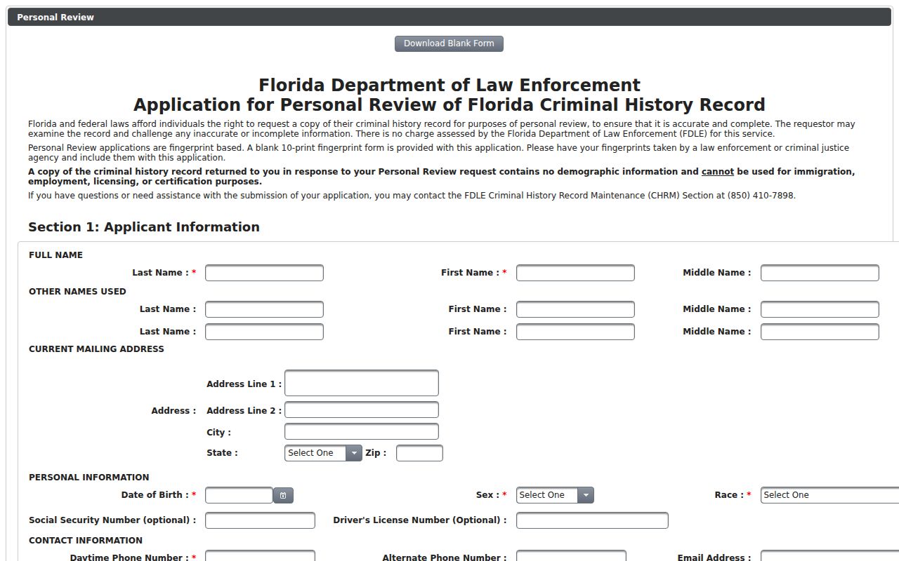 FDLE Personal Review application for record correction
