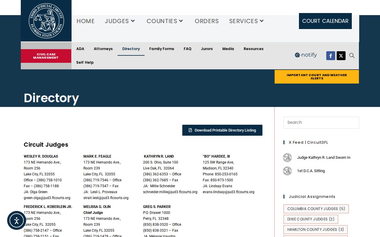 Third Judicial Circuit directory for Dixie County court contacts