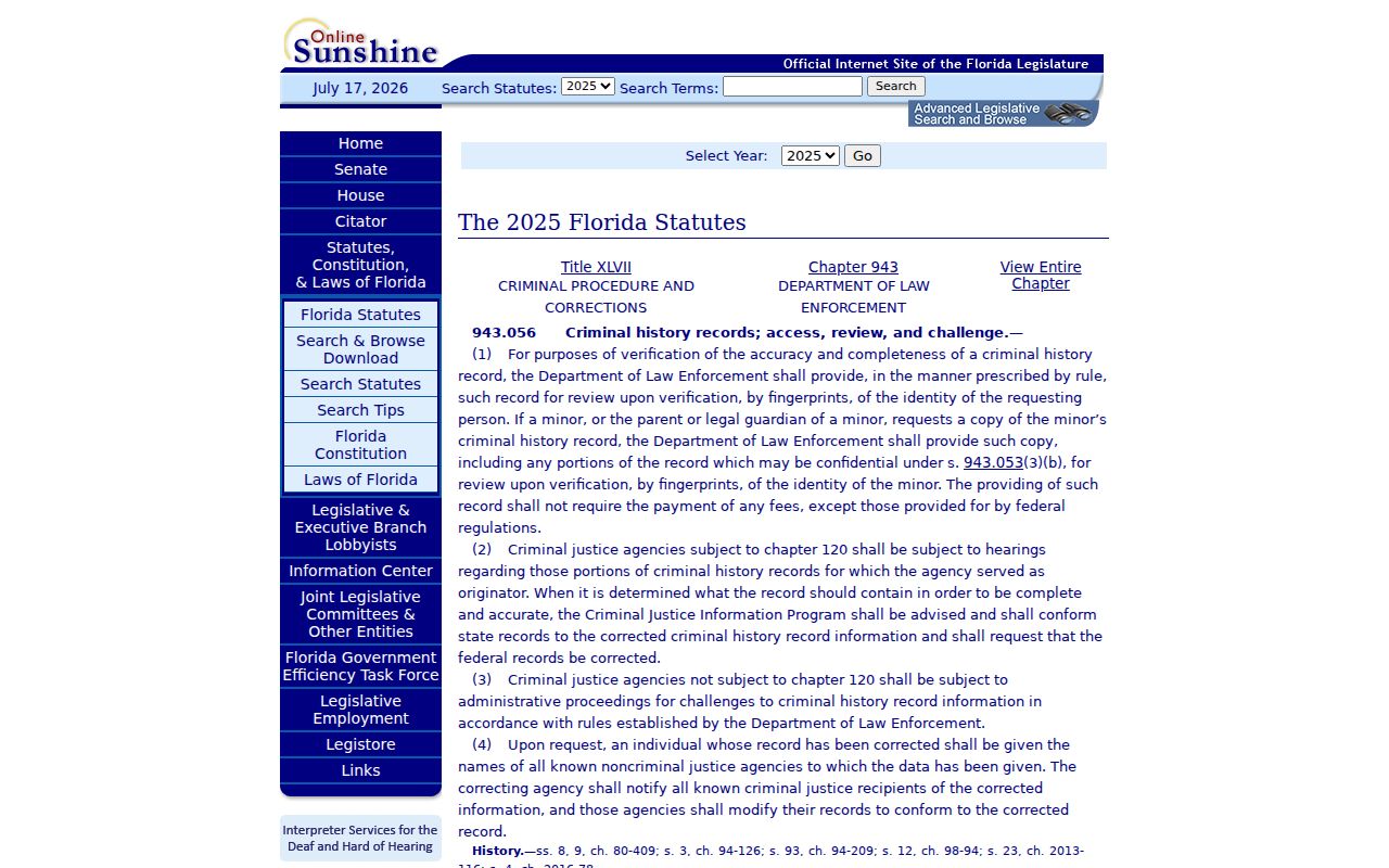 Florida law for personal review and correction of a Cross City criminal record