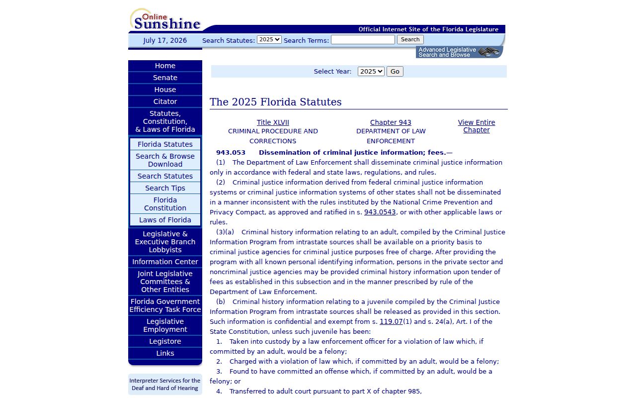Florida criminal history dissemination statute relevant to Cross City records