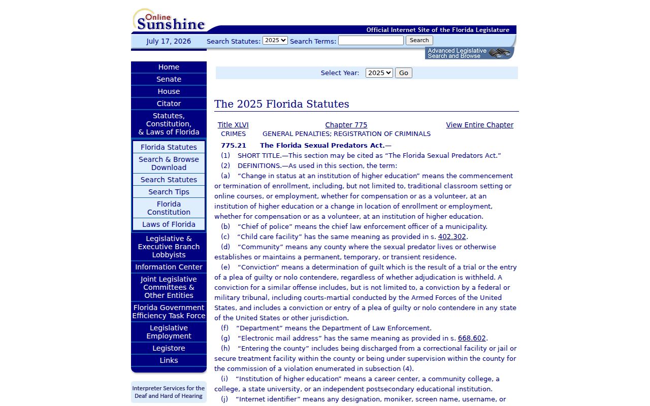 Florida Sexual Predators Act section 775.21