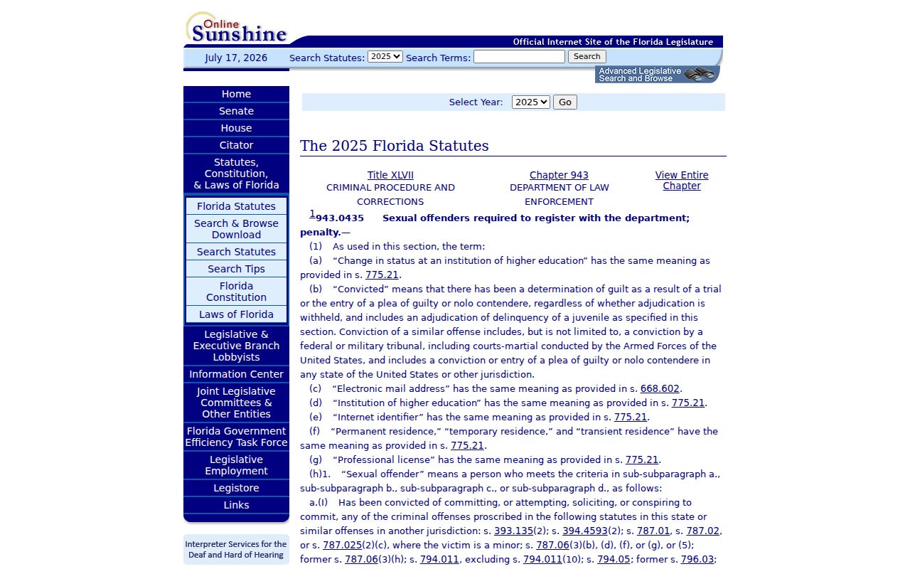 Florida sexual offender registration statute section 943.0435